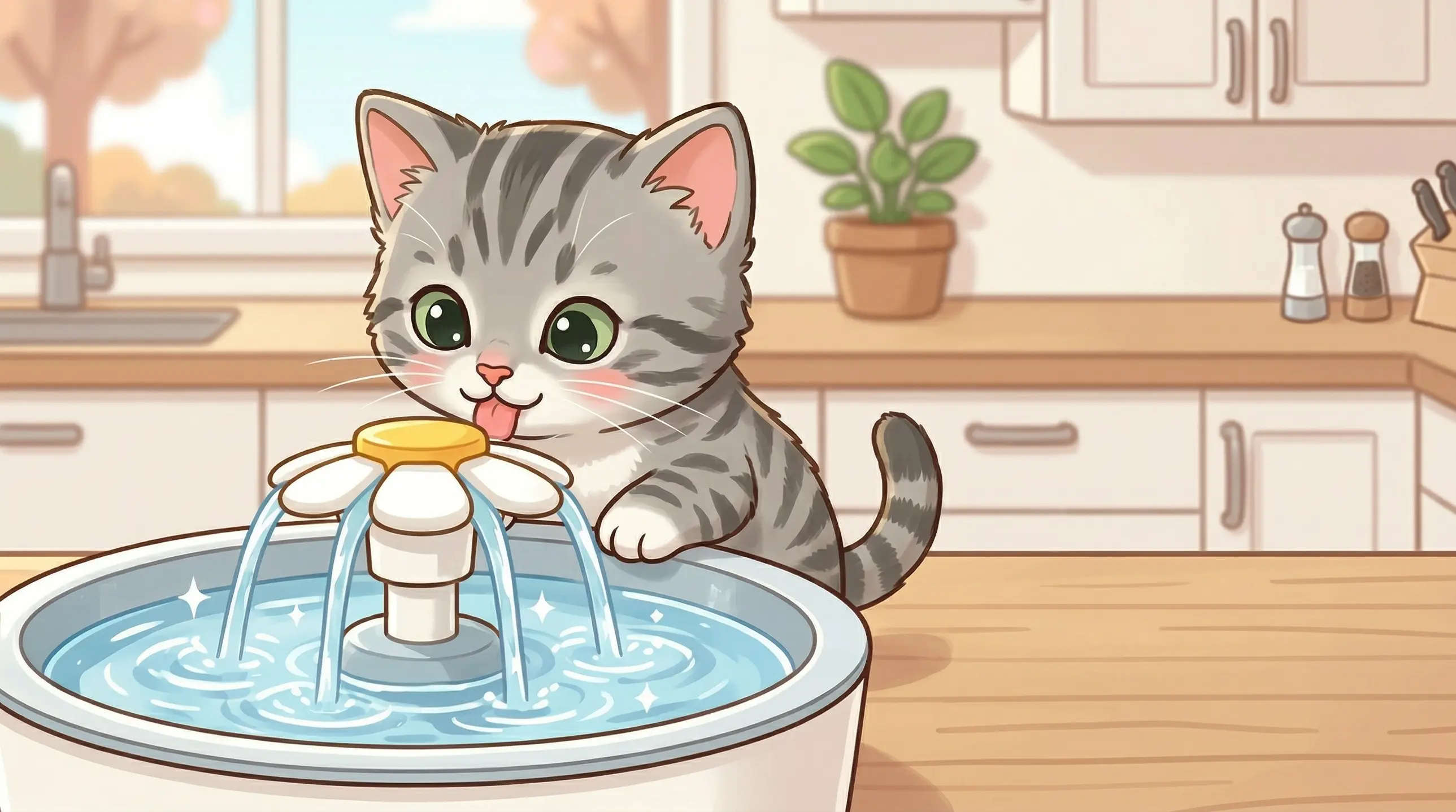 Cat drinking from a flowing water fountain indoors